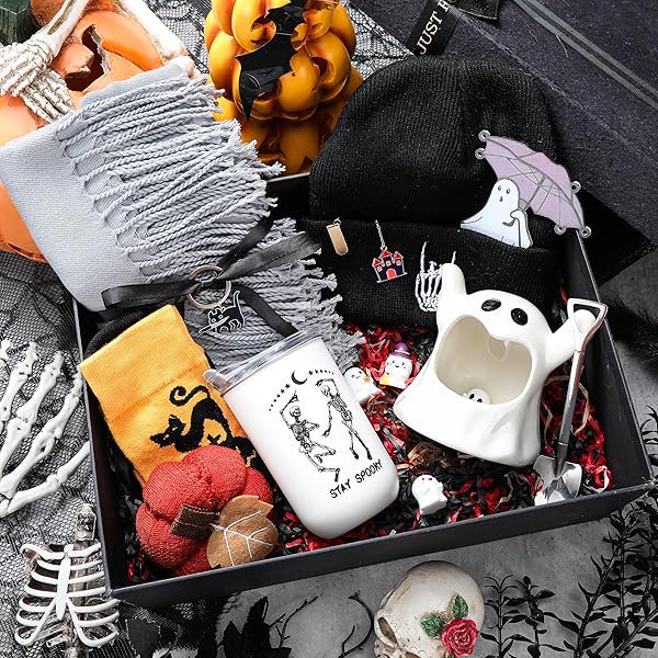 WAYAN 15 Pcs Halloween Boo Basket Stuffers for Women Gifts Set with Sock Hat Cup Ghost Ornaments Scarf Cute Pumpkin for Adult Girlfriend Boyfriend Gift Trick or Treat Party Supply