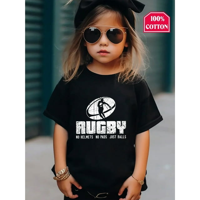 T-Shirt Graphique de Rugby pour Filles - Pas de Casques Pas de Coussinets Juste des Balles Slogan Imprimé, 100 % Coton T-Shirt Décontracté à Manches Courtes pour Enfants Adolescents, Haut Sportif Rouge Vibrant, Lavable en Machine Cadeau Printemps/été, T-Shirts pour