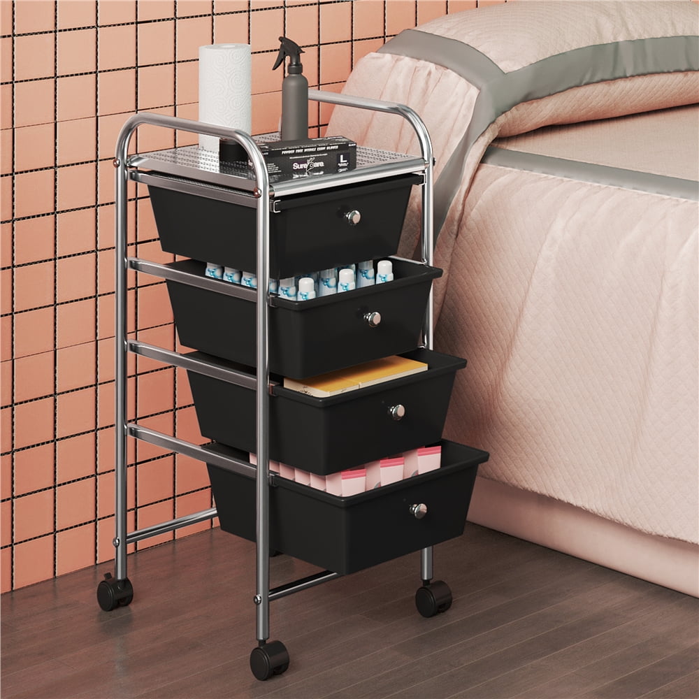 Renwick Rolling Trolley Storage Cart Bin with 4 Plastic Drawers on Wheels, Black