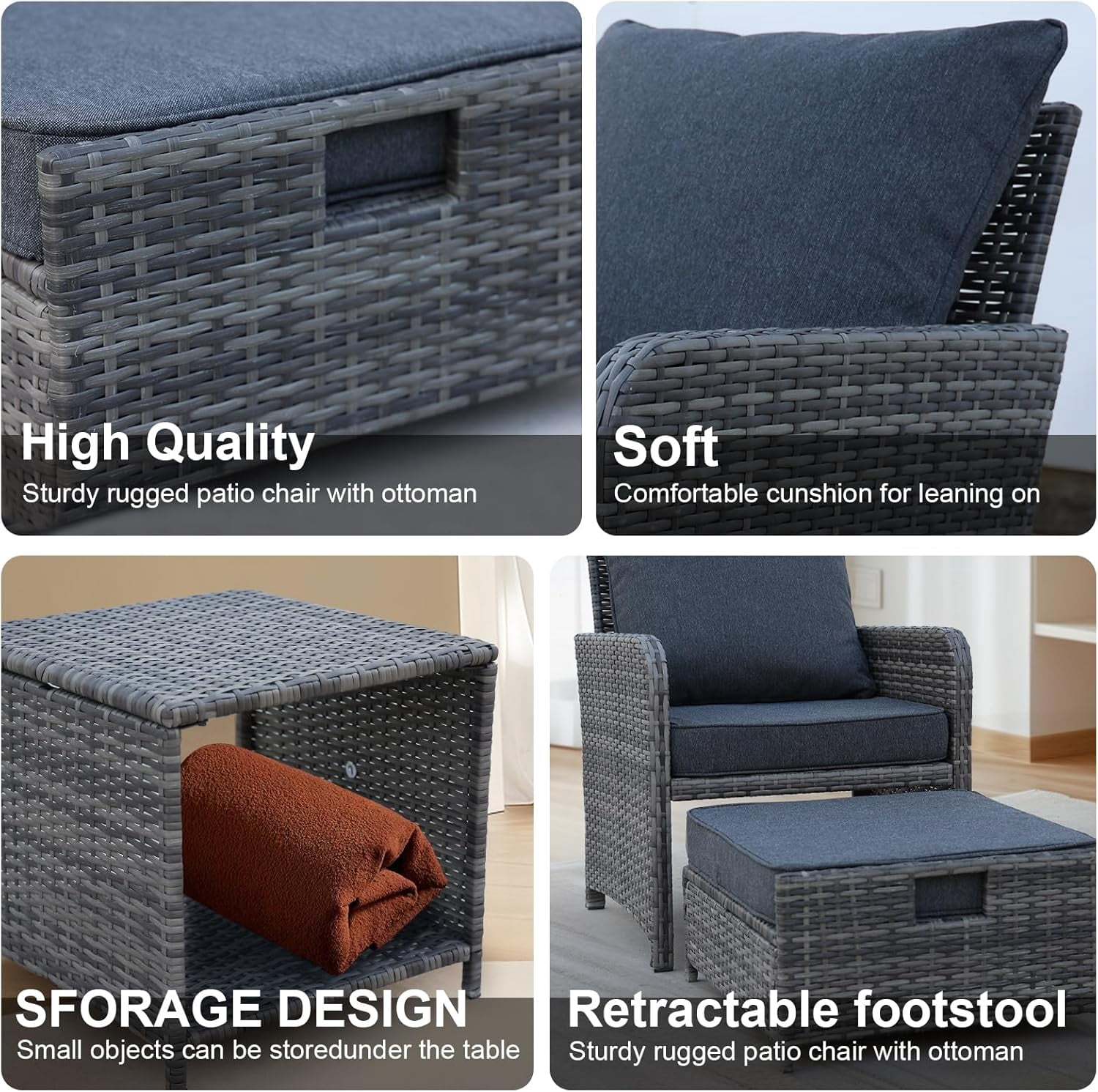 AENKYO Patio Furniture Set Rattan Patio Chair Set with Ottoman, Pillows Included, Perfect for Balcony, Small Space, Porch, 5 Pieces