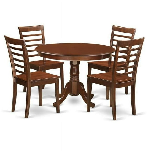 Dining Set - One Round Table & 4 Chairs with Wood Seat, Mahogany - 5 Piece - 42 in.