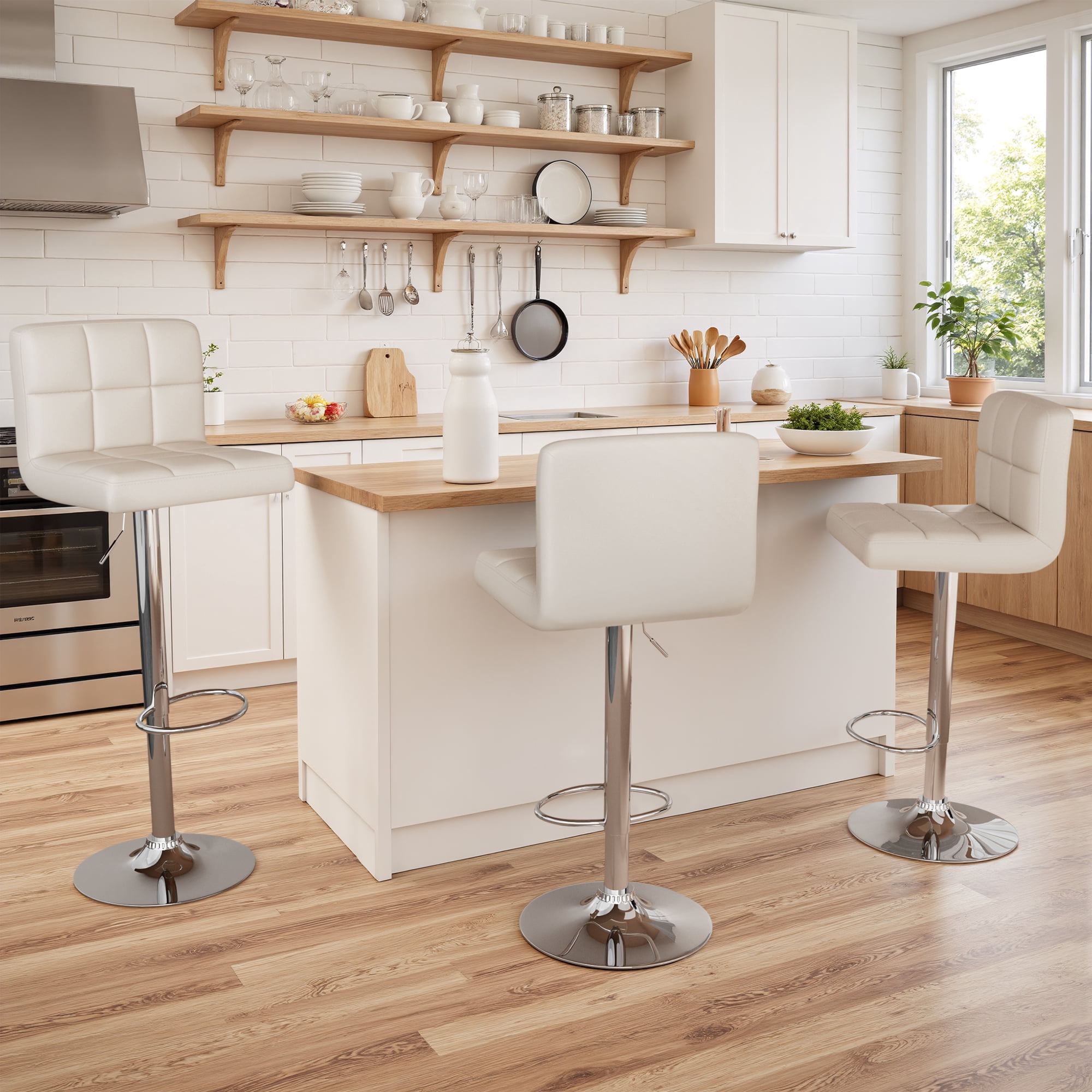 Homall Bar Stools Set of 2 Modern PU Leather Height Adjustable Swivel Barstools Counter Square Island Barstool with Back for Bar Kitchen, Beige