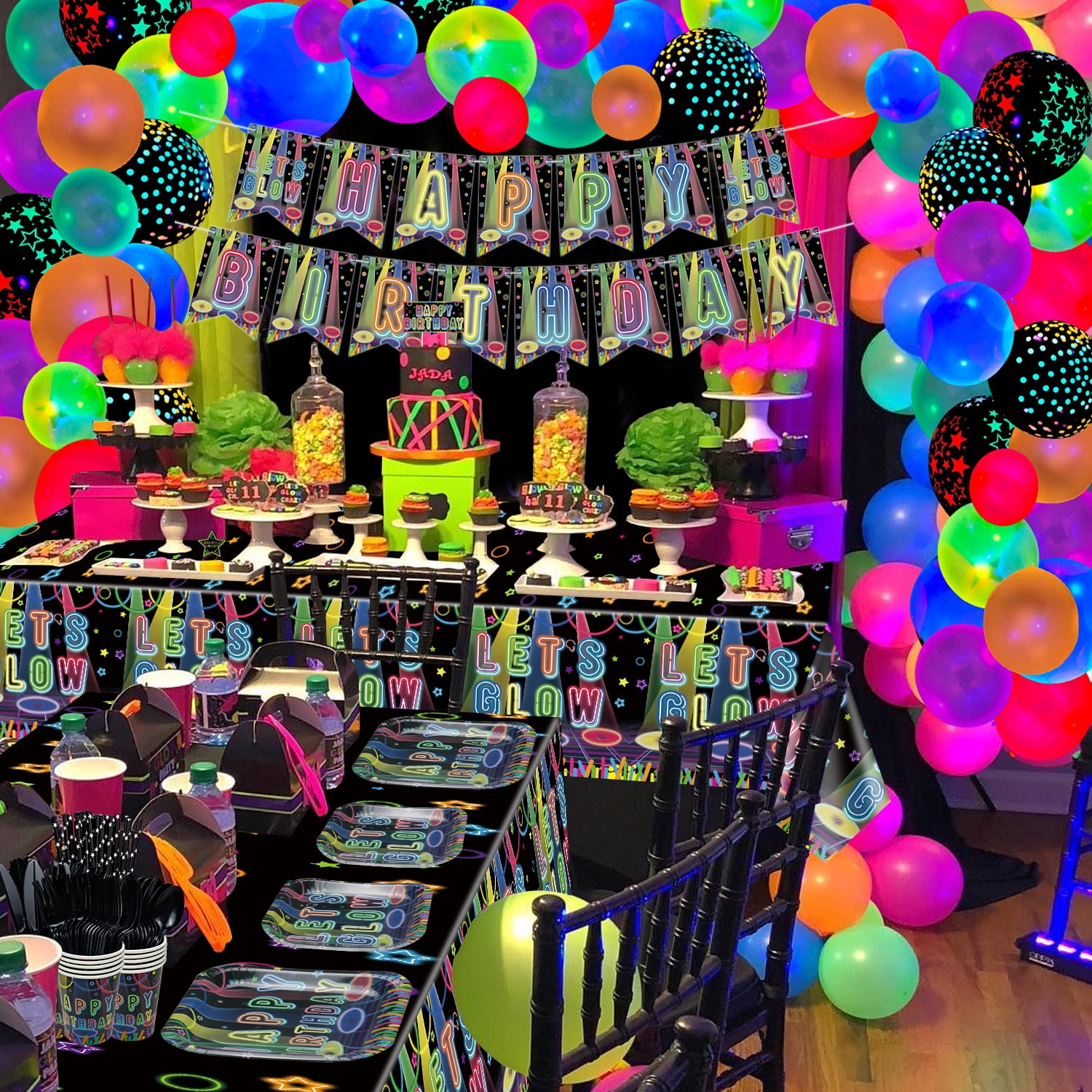 Kit Completo Feste Neon 225 Pezzi - Palloncini Glow, Striscione, Tovaglia E Stoviglie Per 20 Ospiti