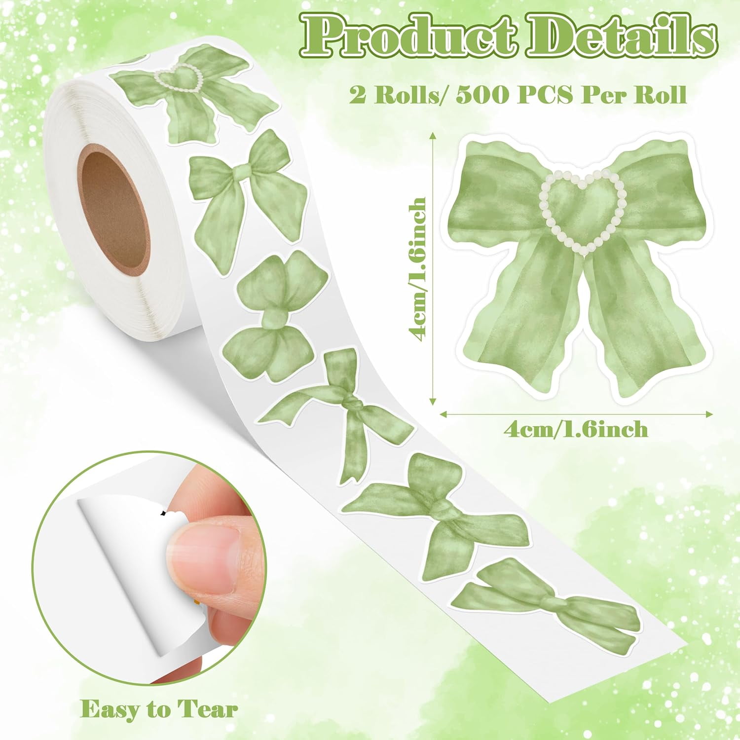 Green Coquette Bow Sticker - 1000Pcs Spring Watercolor Retro Green Vintage Waterproof Bow Aesthetic Decals for Kids Girls Scrapbook Crafts Laptop Party Favors Windows Water Bottle Decoration
