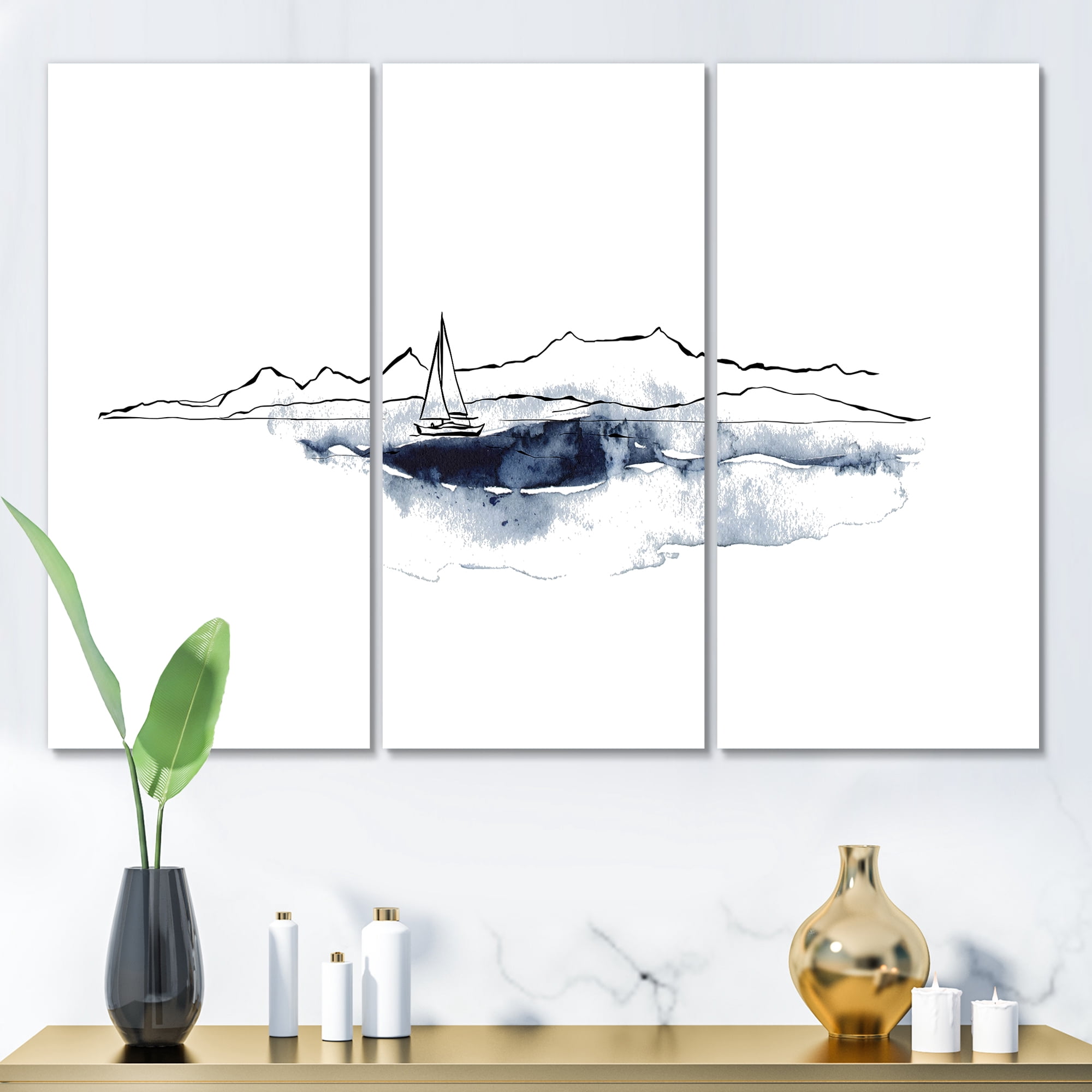 Designart ' Minimalistic Seascape With Boat and Black Mountains ' Nautical & Coastal Canvas Wall Art Print