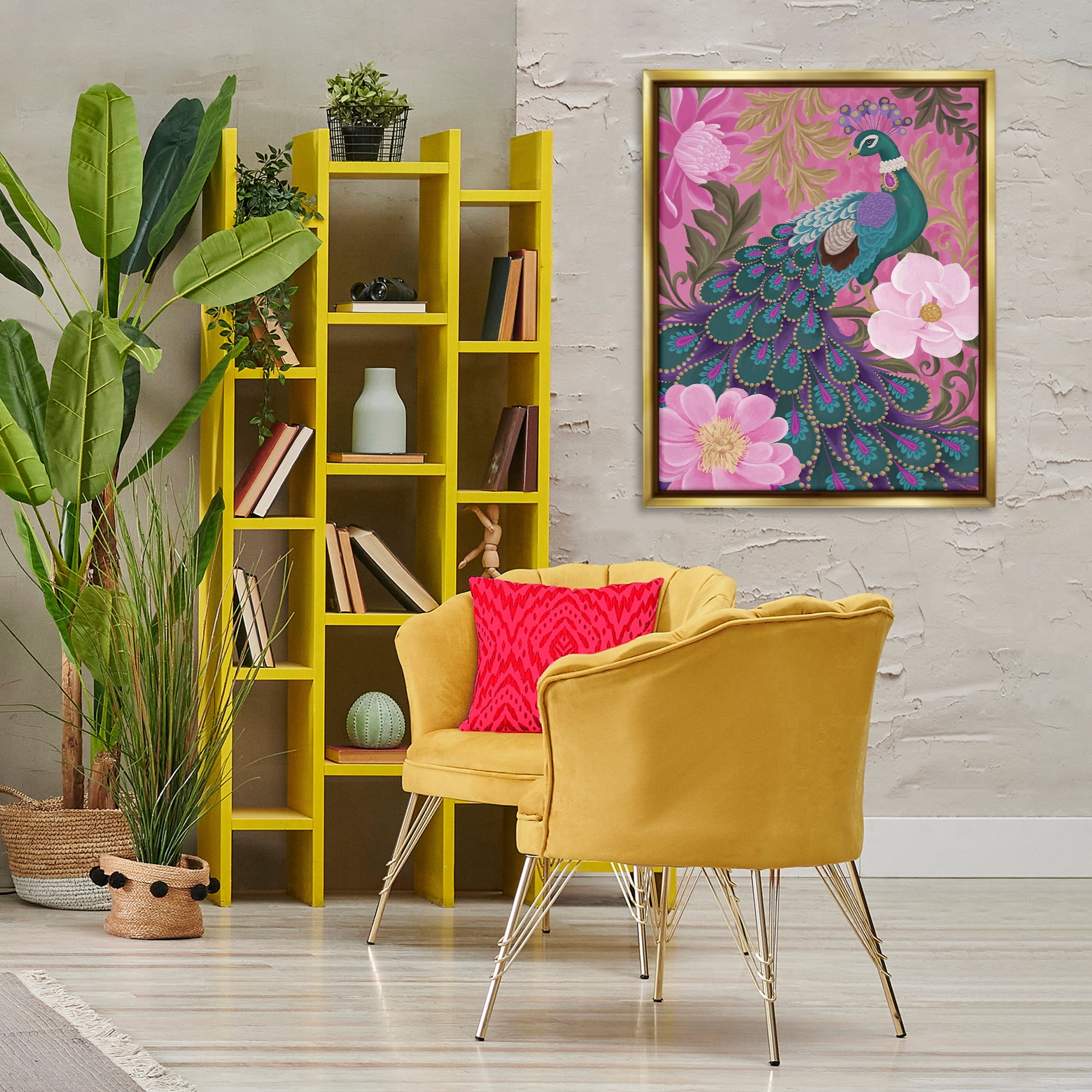 Stupell Industries Peacock & Pink Blossoms Animals & Insects Painting Gold Floater Framed Canvas Art Print Wall Art, 25 x 31