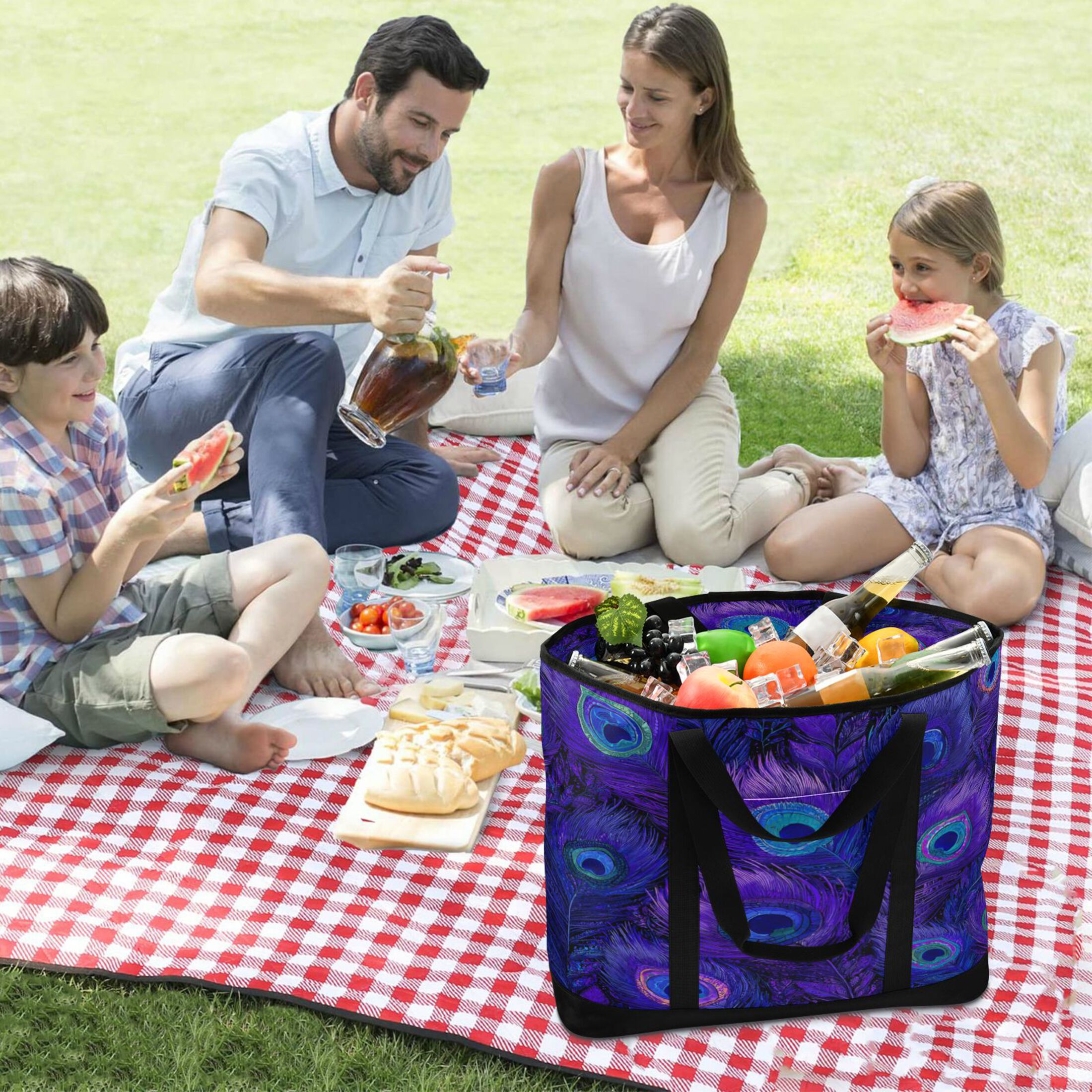Extra-Large Wide Opening Design Capacity Hand-Held Ice Pack Thickened Insulation Layer For Long-Lasting Cold Retention For Outdoor Shopping Picnics And Camping Peacock Feathers