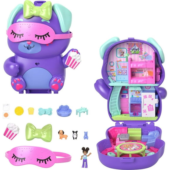 Polly Pocket Sleepover Puppy Compact Playset with 1 Micro Doll and Pet Dogs, Travel Toy with Food & Styling Accessories