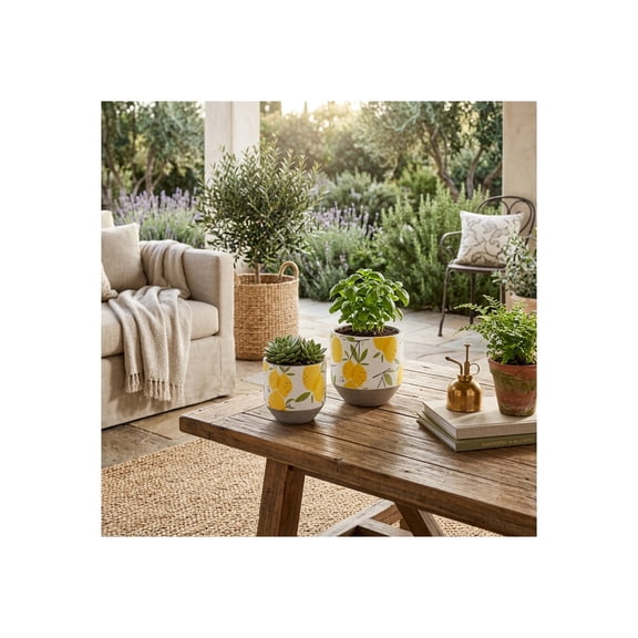 Artful Growing Lemons Flower Pots for Home Decor - Planters for Indoor Plants - Chic Pottery Plant Pots with Lemon Design for Patio, Mantel, and Garden Spaces - Set of 2, 7", 6", Yellow & White