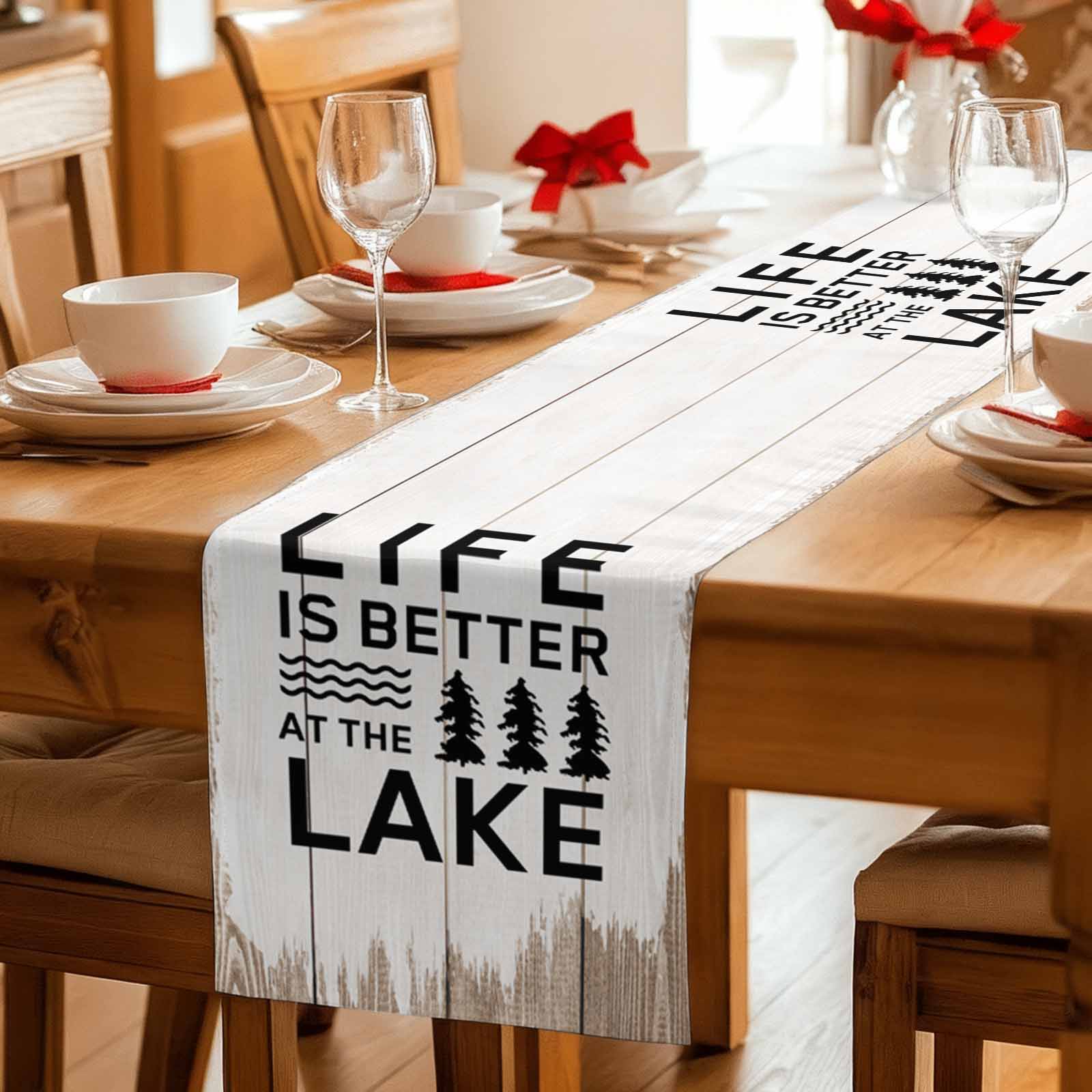 Life Is Better at The Lake Table Runner, Rustic Black Artistic Aesthetics Washable Cotton Linen Table Runners 90 Inches Long, Dresser Scarf Runner for Dining/Coffee/Kitchen/Hallway Tables 13''x90''