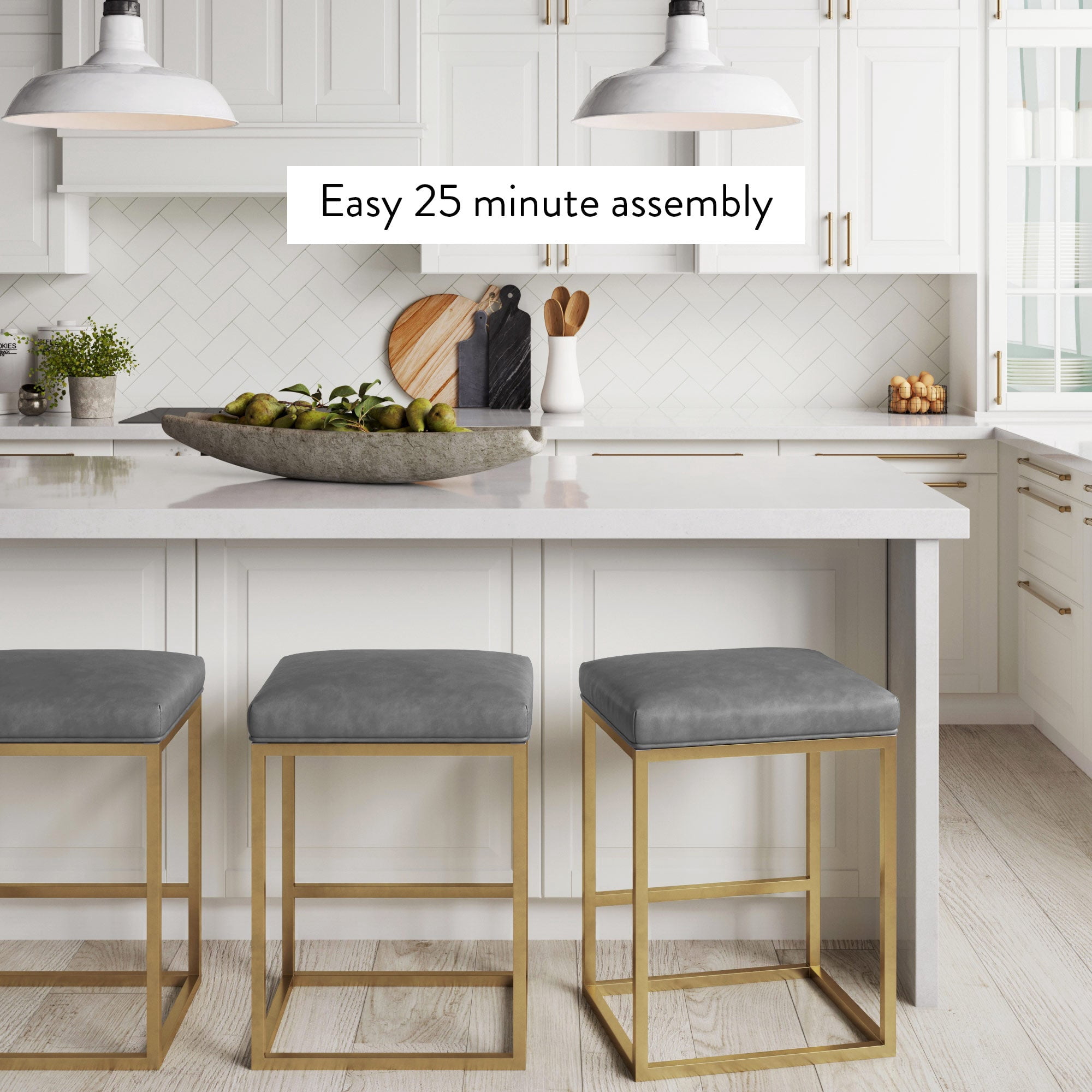 Nathan James Nelson Bar Stool with Leather Cushion and Metal Base, 24", Gray/Gold