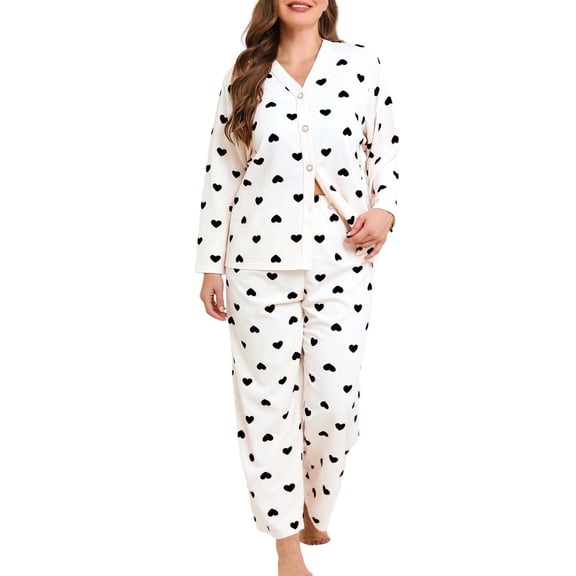 Women's Pajamas Plus Size Valentines Long Sleeve Button Down Heart Print Soft 2 Piece Sleepwear