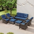 thumbnail image 5 of Meetleisure 7 Piece Wicker Patio Furniture Set, Rattan Chairs with 3-Seater Sofa, Ottomans, High Back, Deep Seating, Wide Armrest, Thick Cushions for Deck Porch, Dark Blue, 5 of 9