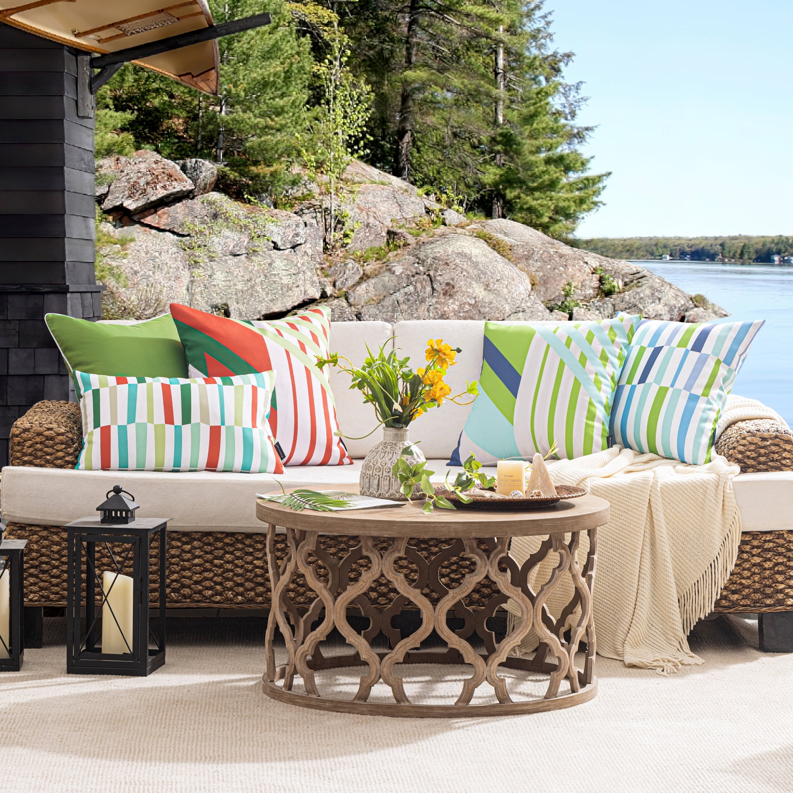 Phantoscope 2 Pack Waterproof Outdoor Decorative Throw Pillow 12x20, Geometric Color Block Patio Cushion Cases for Couch & Tent, Red & Green