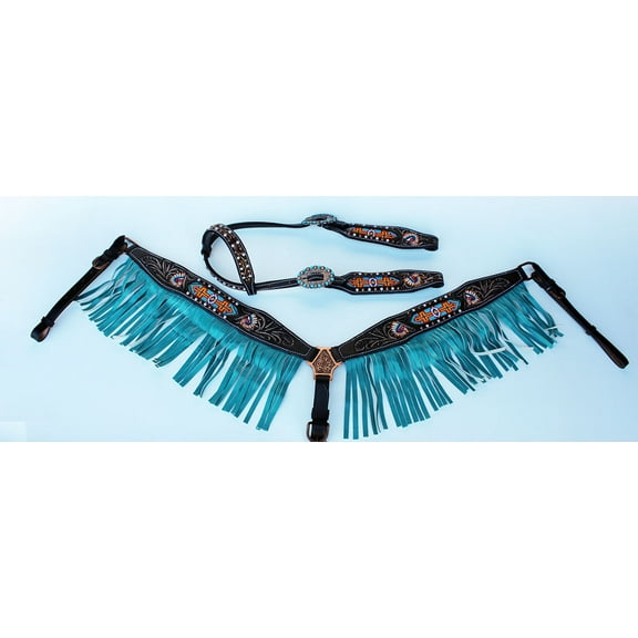 Horse Show Bridle Western Leather Headstall Breast Collar Turquoise Rodeo 79106A