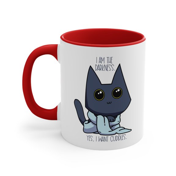 Darkness Cuddle Cat - Kawaii Kitty - White 11 oz Ceramic Mug with Accent