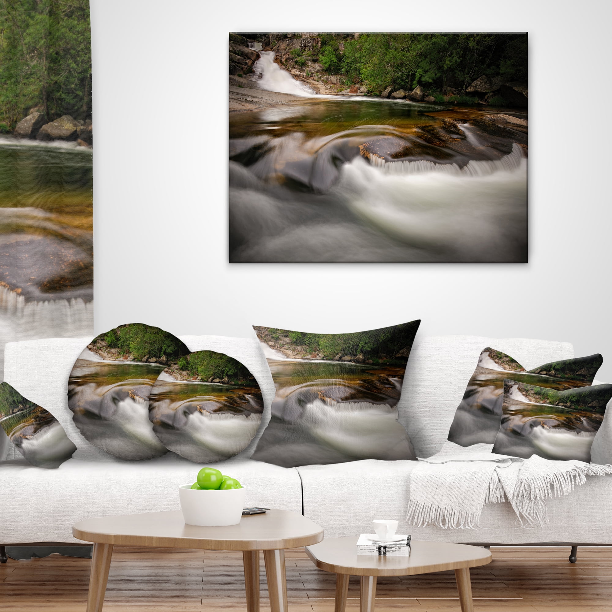Designart Segade Waterfall Galicia Spain - Landscape Photo Throw Pillow - 18x18