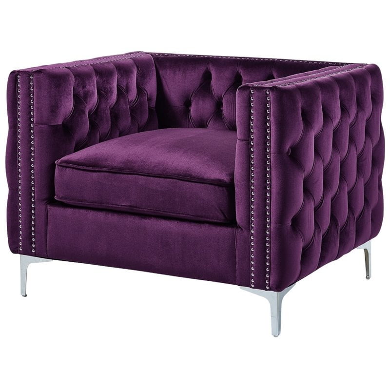 Posh Living Levi Button Tufted Velvet Accent Chair in Purple