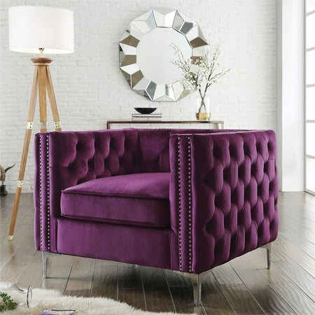 Levi Purple Velvet Club Chair Button Tufted Silver Nailhead Trim