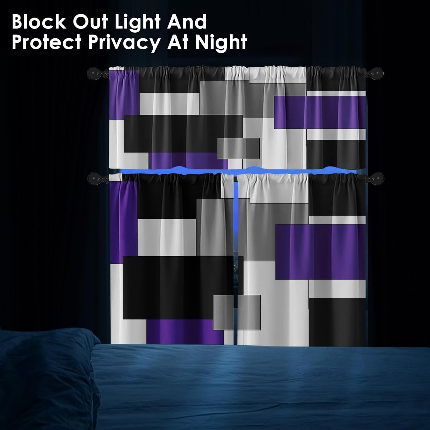 Purple Kitchen Curtains Black Grey Window Curtains Valance and Tier Set 36 Inch, White Modern Rod Pocket Short Tier Curtain for Bathroom, Abstract Art Small Cafe Curtains for Decor