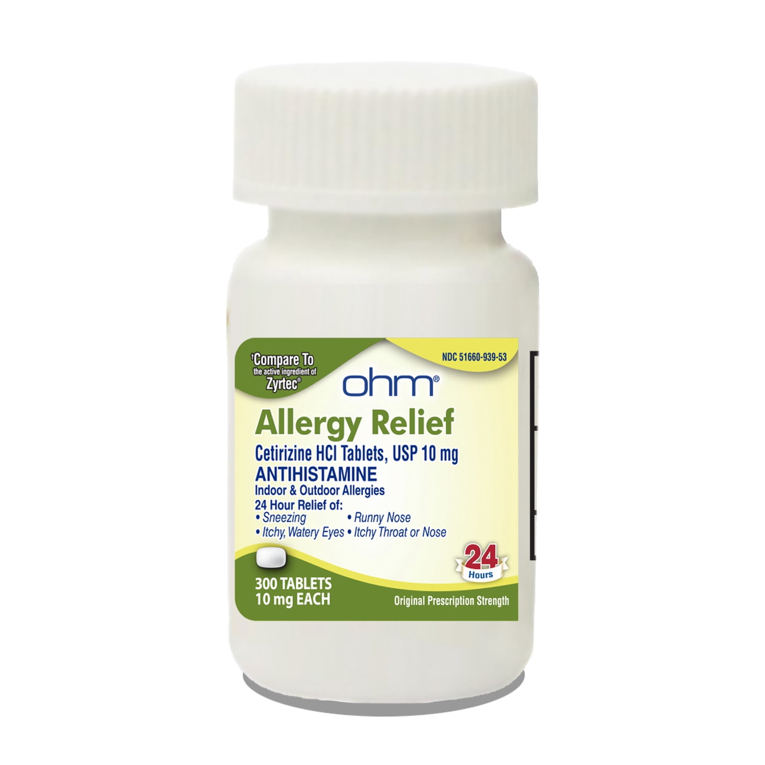 (4 pack) Ohm 24-Hour Antihistamine Cetirizine HCl 10 mg Tablets, 300 Count – All-Day Allergy Relief for Itchy Eyes, Runny Nose, Hay Fever, Pollen, and Indoor & Outdoor Allergies