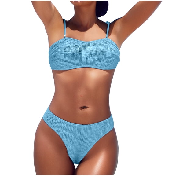 ZQUUVOU Women's Strapless Bandeau Bikini Set Solid Color High Waist Slimming Push Up Two Piece Swimsuit Bottom Light Blue