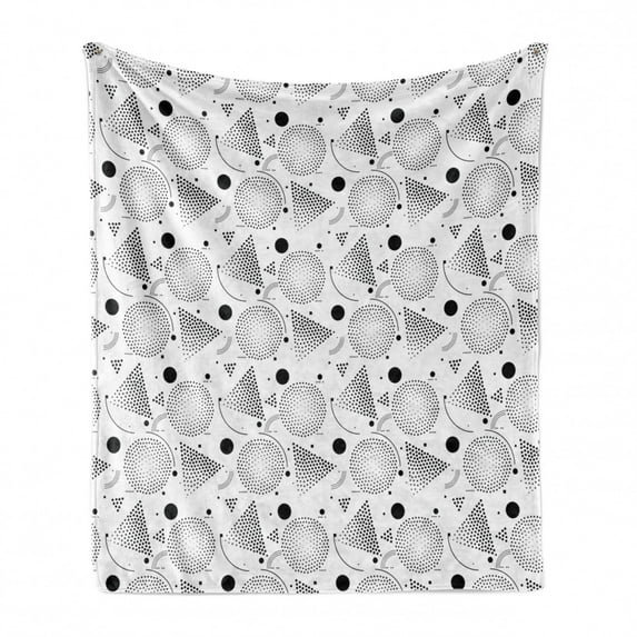 Modern Soft Flannel Fleece Blanket, 90s Memphis Style Pointillist Artwork Rectangles and Circles Abstract Geometry, Cozy Plush for Indoor and Outdoor Use, 70" x 90", Black and White, by Ambesonne