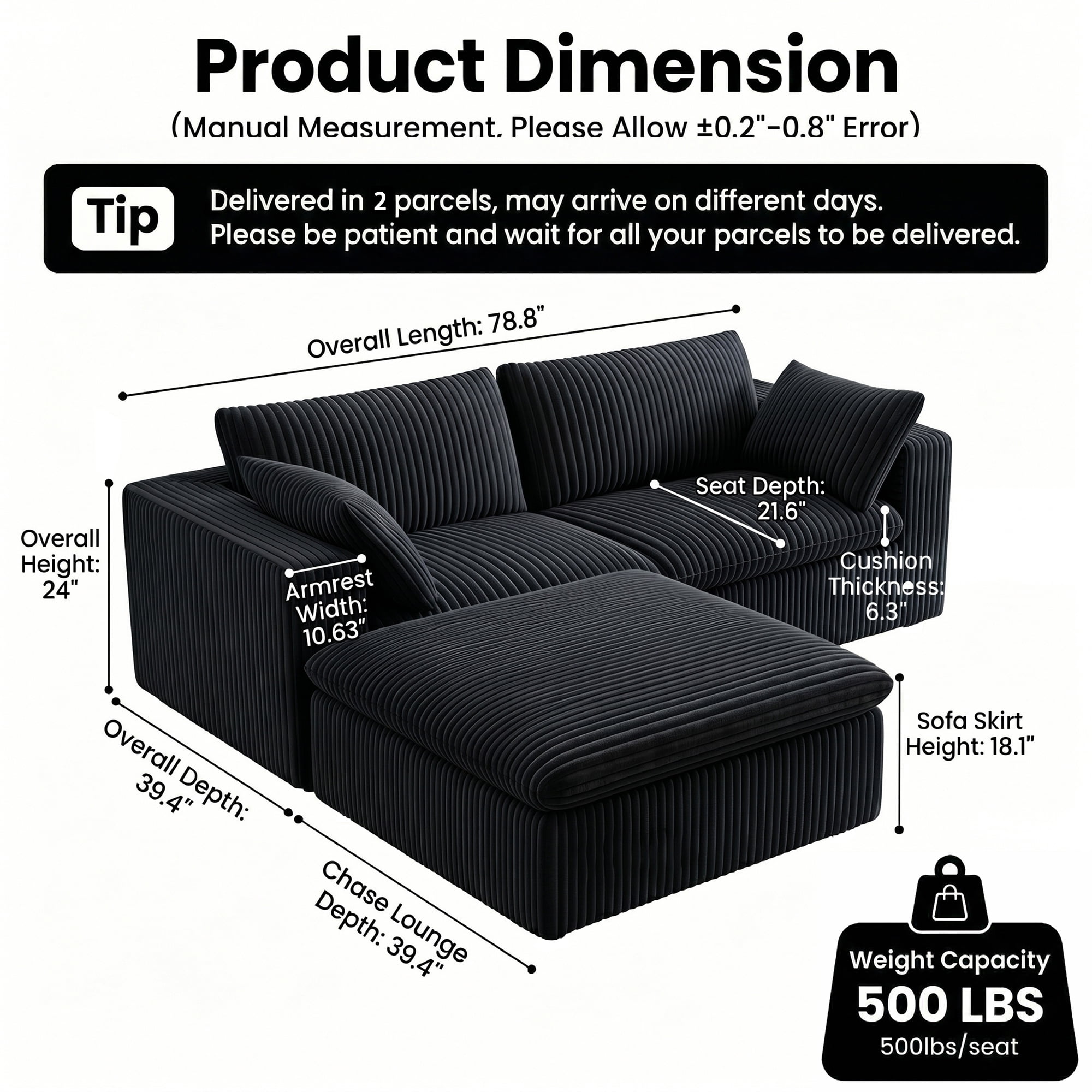 Eyisean 78.8" Corduroy Cloud Loveseat Couch with Ottoman, 2 Seater Comfy Boneless Couch with Throw Pillow, Removable Cushion, Lounge Sofa in a Box, Modular Sectional Sofa for Living Room, Bedroom