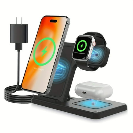 [Fast Wireless Charger] Fast 3-in-1 Portable Wireless Charger | Foldable Charging Station with Adapter – for iPhone 16 15 14 13 12 11 Pro Max/Pro/Mini/Plus iWatch 9 8 7 6 5 4 3 2 Se Airpods 3 2 Pro