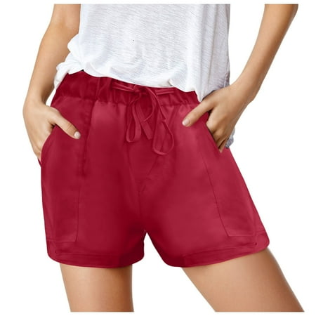 HABDGIKS Women s Shorts Casual High Waisted Drawstring Solid Lace Up Baggy Wide Leg Loose Wide with Pocket Pants
