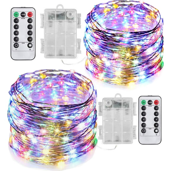 33 ft 2 Pack 100 LED Silver Wire Fairy String Lights, Battery Operated String Lights | Waterproof & Ideal for Outdoor and Indoor LED, Multicolor