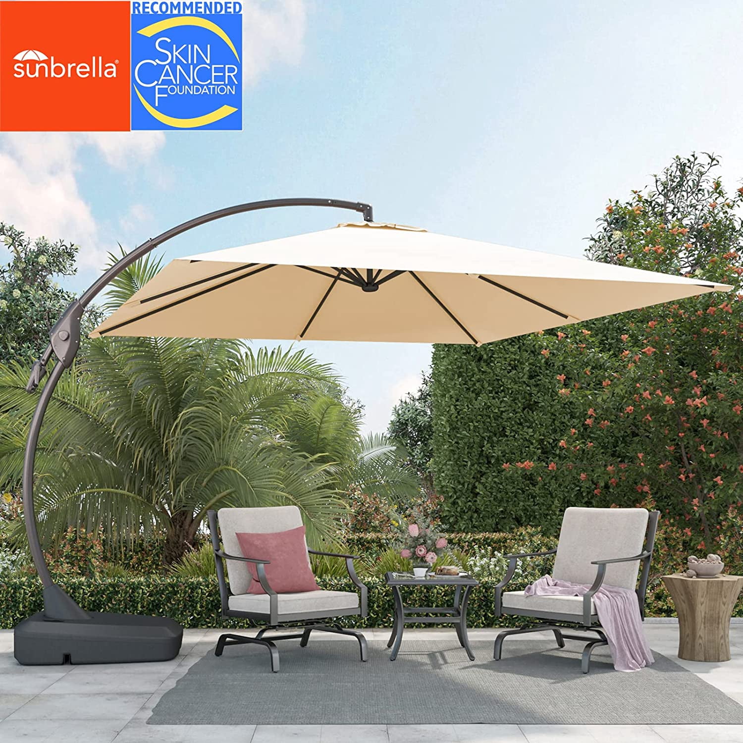 Grand Patio x SUNBRELLA 10 ft Square Patio Umbrella Deluxe Curvy Aluminum Offset Umbrella, Outdoor Cantilever Umbrella w/ Base, Canvas Flax