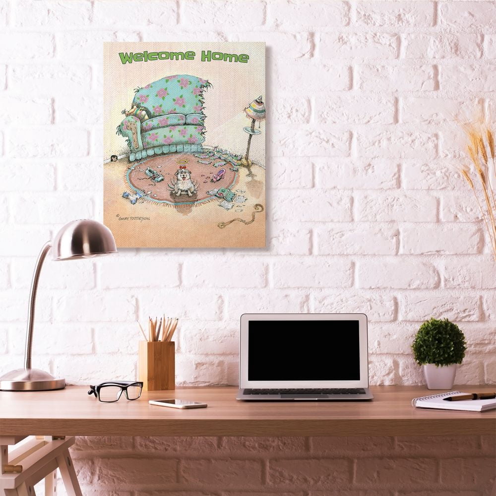 Welcome Home Funny Cartoon Pet Dog Design XXL Stretched Canvas Wall Art by Gary Patterson