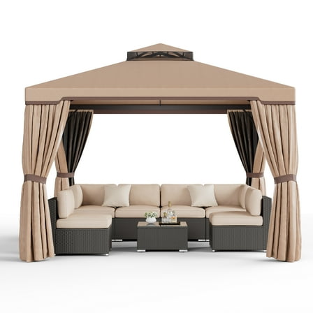 SUNCROWN 10 x 10 FT Outdoor Gazebo for Patio Iron Frame Garden Permanent Gazebo with Vented Soft Canopy and Mosquito Netting, Khaki ﻿