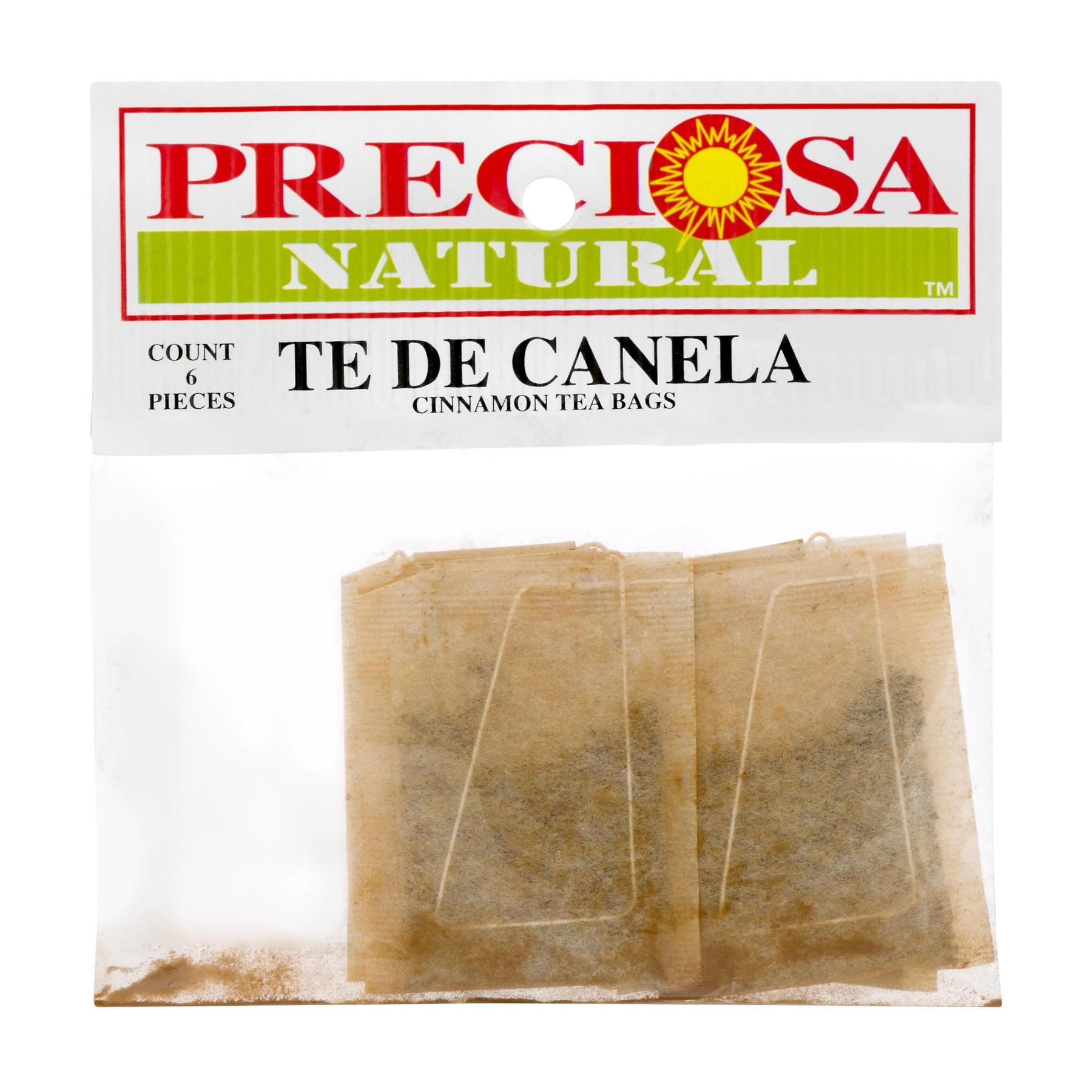 Preciosa Canela (Cinnamon) Tea Bags are packed with 6 individual tea bags in a clear Cellophane bag
