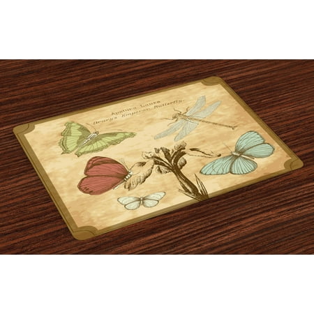 

Dragonfly Placemats Set of 4 Retro Style Butterflies with Flower Petals and Grunge Effects Artwork Washable Fabric Place Mats for Dining Room Kitchen Table Decor Sand Brown Caramel by Ambesonne