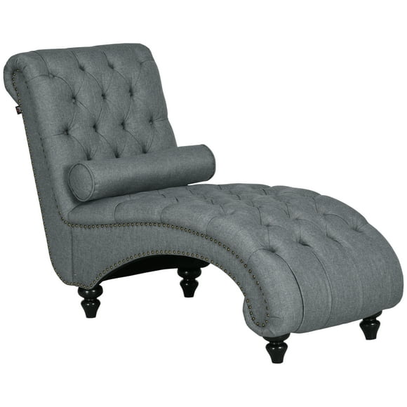 HOMCOM Button Tufted Chaise Lounge Indoor w/ Pillow for Living Room Grey