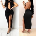 thumbnail image 2 of Trendy Girls Tunic Split Halter Dress Olyvenn Trendy Short Sleeve Crew-Neck Beach Dress Women's Trendy Color Hollow Out Backless Draw String Dress Black XL, 2 of 9