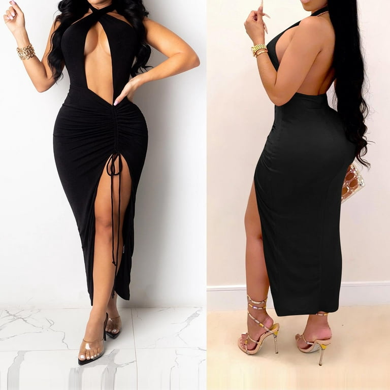 CLEARANCE Summer Dress for Women Backless Dress Crewneck Dress Sexy Dresses  Short Sleeve Dresses Women Solid Hollow Out Draw String Dresses X3755  Ladies Hollow Drawstring Dress Black Black S 