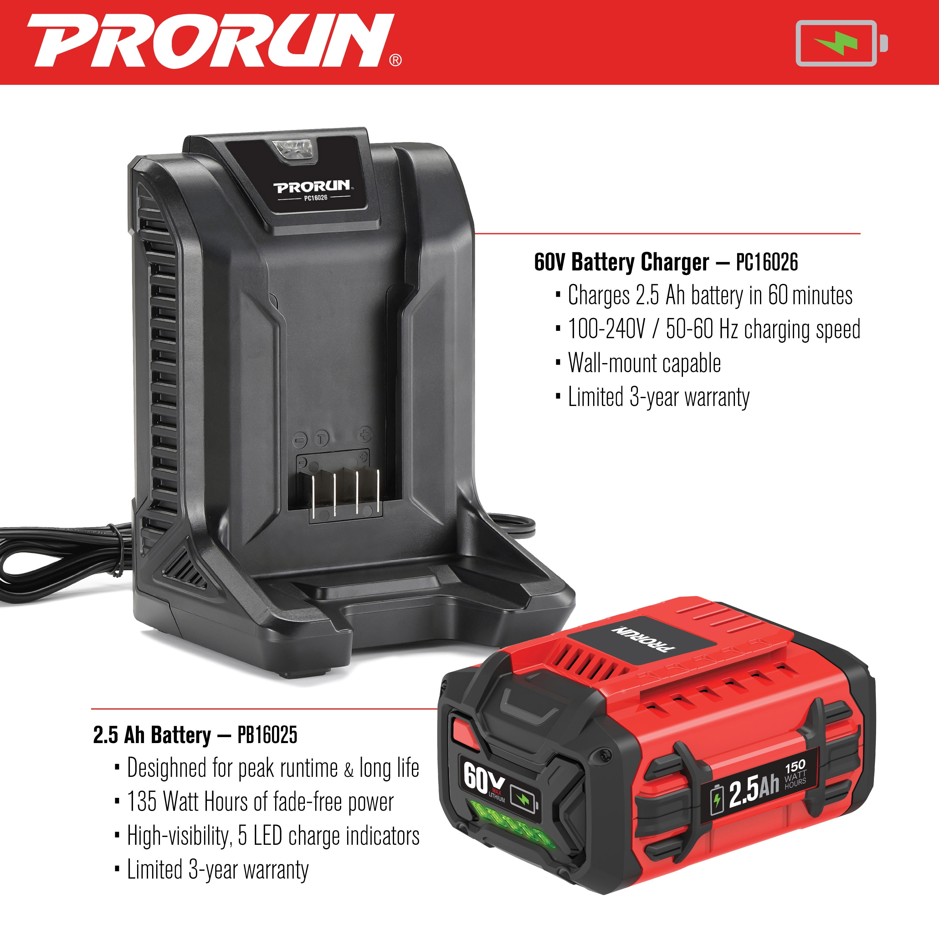 PRORUN 60V 21-in. Steel Deck Cordless Push Lawn Mower with 2.5 Ah Battery and Charger