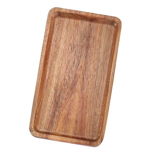 bandeja de madera para servir macarena estilo a cuadrado bandeja rectangular de madera natural con borde elevado y esquinas redondeadas, vista 3/4; superficie lisa con vetas visibles, 19 x 10.5 x 2.5 cm; ideal para servir tapas, frutas o postres y también usada como posavasos o plato decorativo.