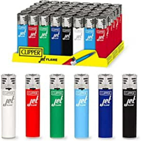 Clipper Reusable Lighter, Jet Flame Refillable Lighters, Solid Colors Collection, Display of 48 Units (6 Colors), Customizable