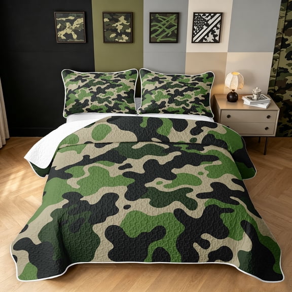 Manfei Rustic Camouflage Twin Quilt Set, Countryside Camo Twin Coverlet Set, Olive Green, 2pcs, 1 Bedspread and 1 Pillowcase