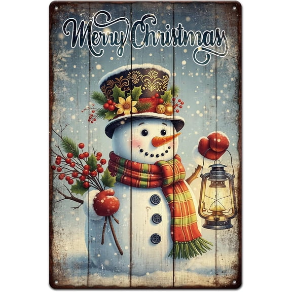 Christmas Snowman Metal Tin Sign 8x12in "Merry Christmas" Vintage Painting Tin Signs Wall Poster Plaque for Living Room Fireplace Office Desk Bedroom Coffee Table Party