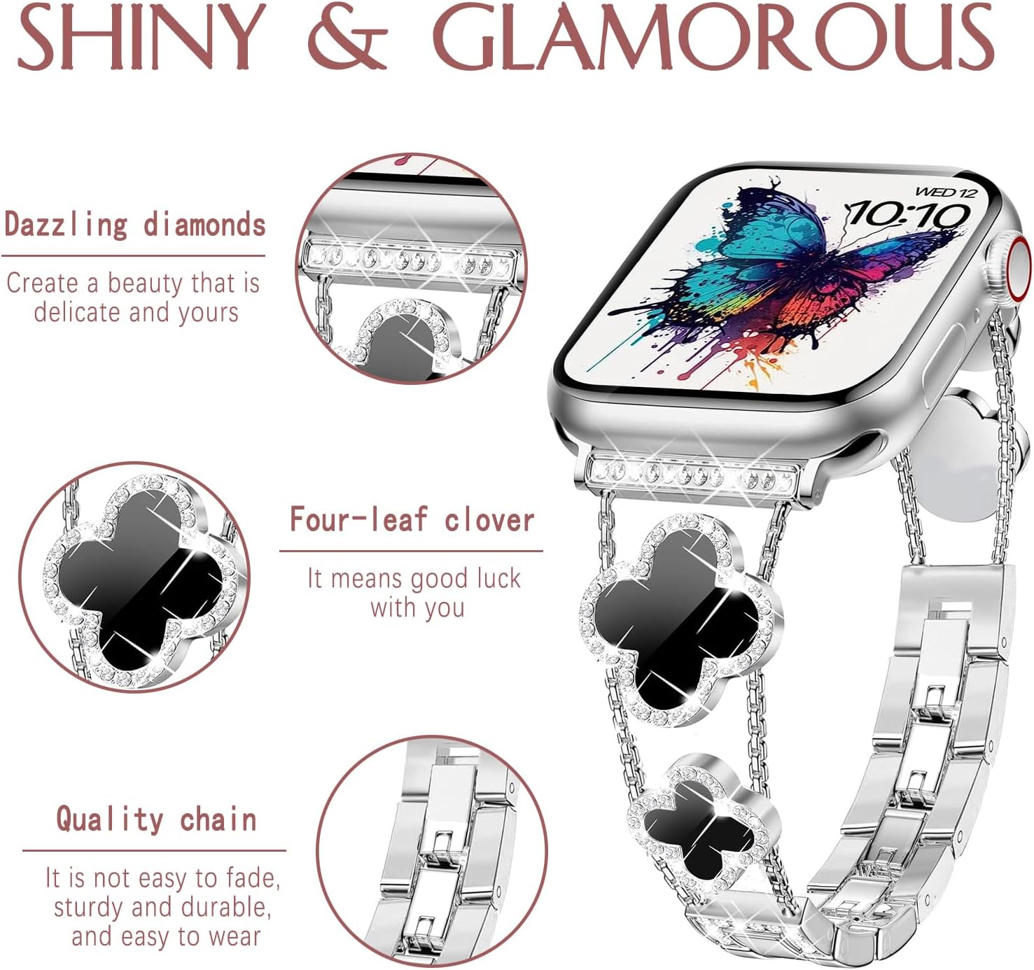 CRKMGS-Compatible with Apple Watch Ultra Band 38MM 40MM 41MM 42MM 44MM 45MM 46MM 49MM Series 10 9 8 7 6 5 4 3 2 1 Smartwatch wistband Bracelet Strap Lucky clover Bracelet iWatch Band for Women