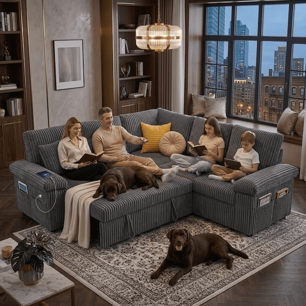 EPOWP 81" Modular Sectional Sleeper Sofa, L Shaped 5-Seater Couch with Pull Out Bed, Large Storage Chaise, USB Charging Ports & Adjustable Backrest, Corduroy Sofa Bed for Living Room,Dark Grey