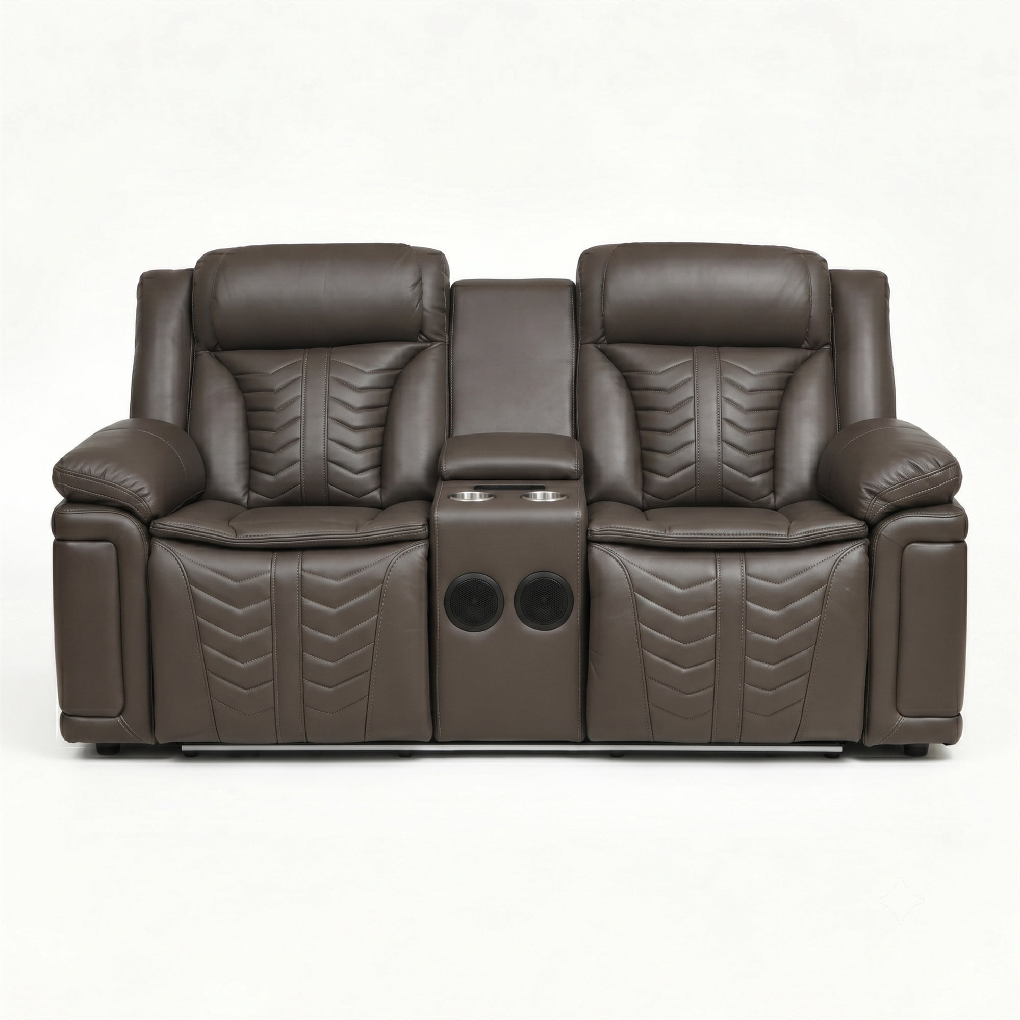 Electra Luxury Power Reclining Loveseat - Dark Brown Faux Leather Motion Console Couch with Built-In Bluetooth Speakers, Storage, Cup Holders, and Cinematic LED Lighting