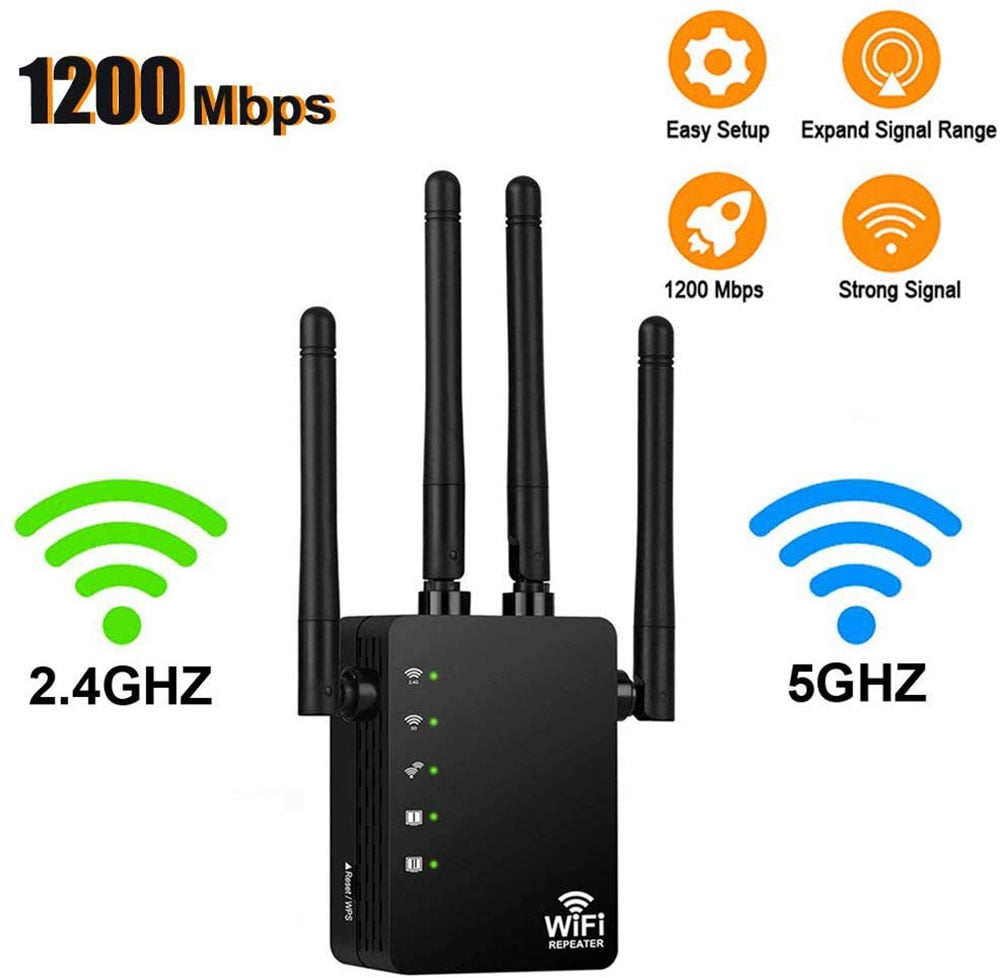 WiFi Range Extender Repeater-5GHz & 2.4GHz Dual Band 1200Mbps WiFi Repeater Wireless Signal Booster Black 360 Degree Full Coverage WiFi Extender Signal with AP/Repeater Mode 