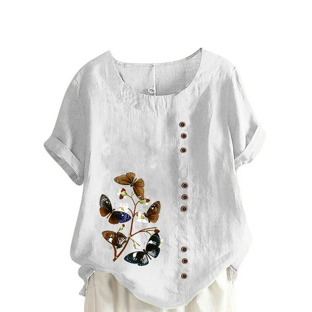 Birdeem Womens Summer Oversize Casual Round-Neck Short Sleeve Flower Printing Loose Shirt Tops