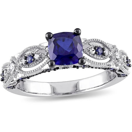 1-5/8 Carat T.G.W. Created Blue Sapphire with Diamond-Accent 10kt White Gold Milgrain Design Vintage Engagement